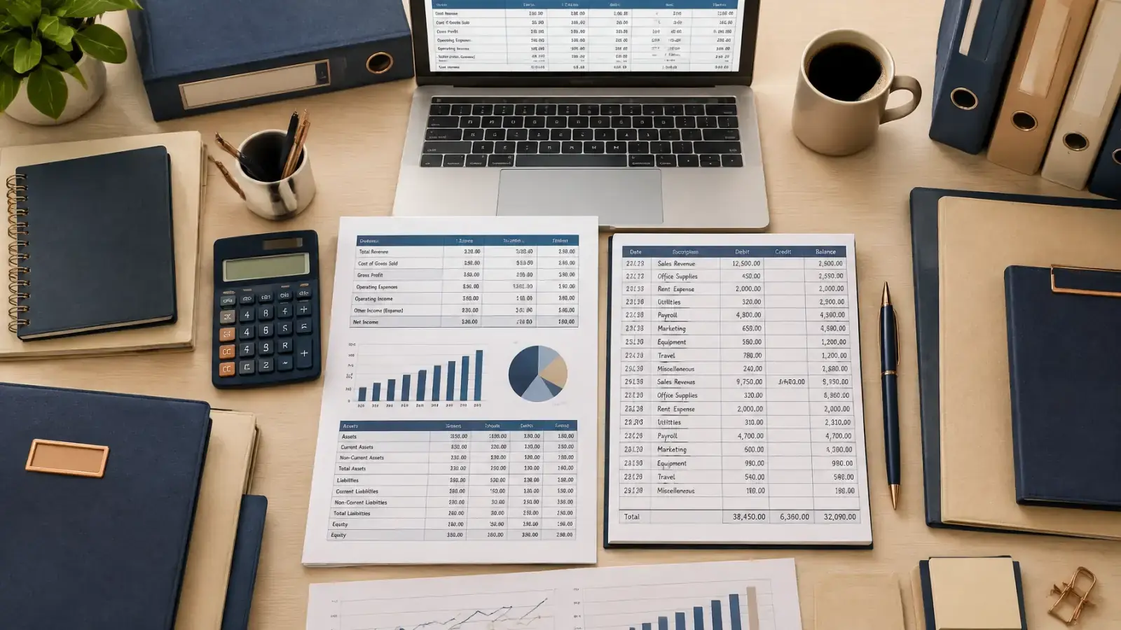 A bright accounting workspace with a filled ledger, calculator, organized binders, and financial charts
